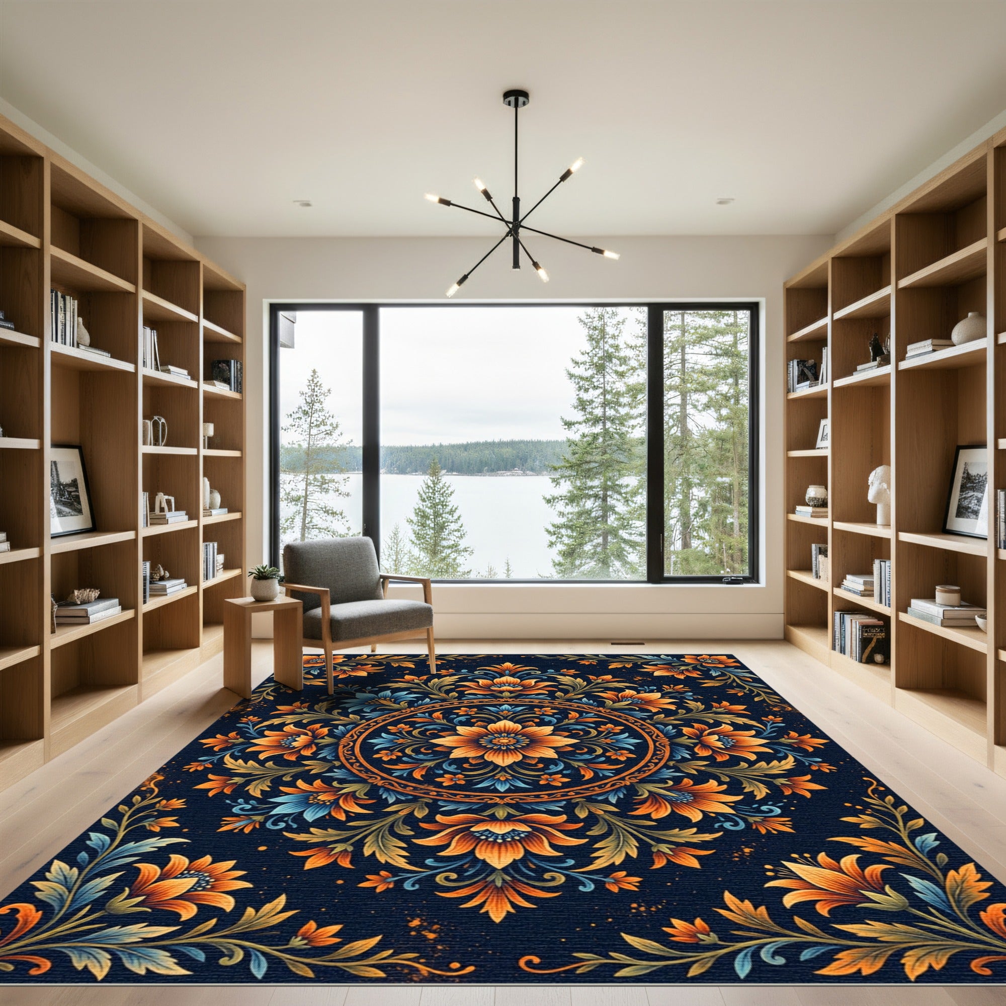 Floral Medallion Teal and Amber Gold Rug