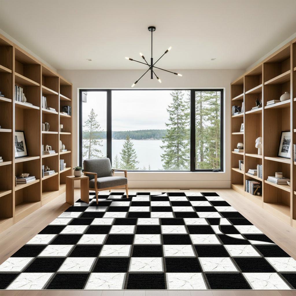 Black White Cracked Checkered Square Rug