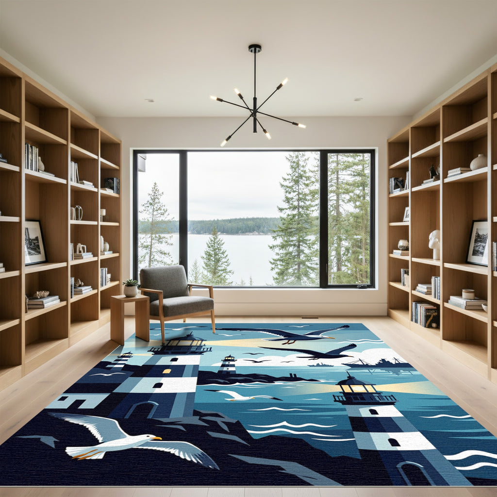 Coastal Lighthouse Birds Navy Nautical Landscape Rug