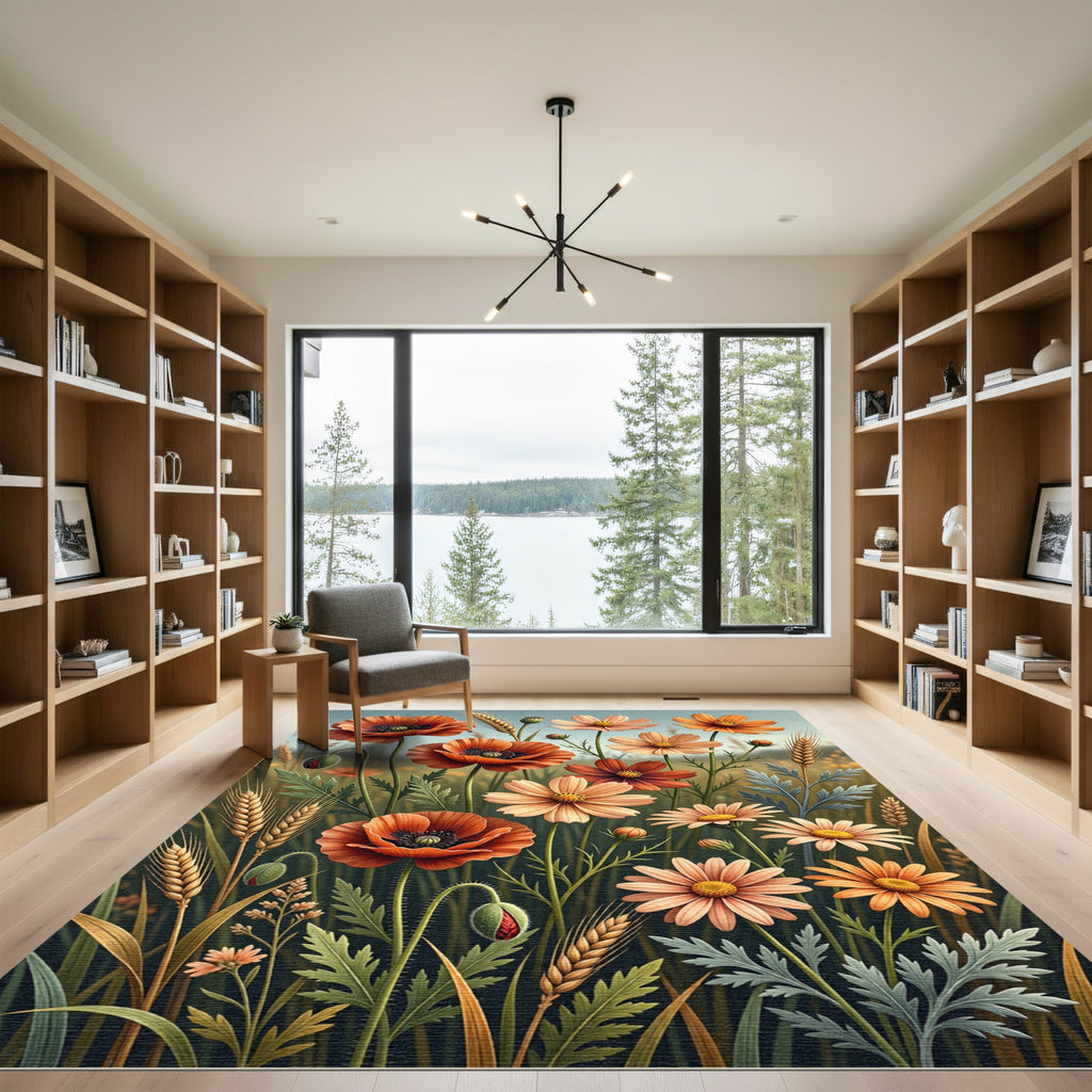 Orange Poppy Floral Meadow Field Rug