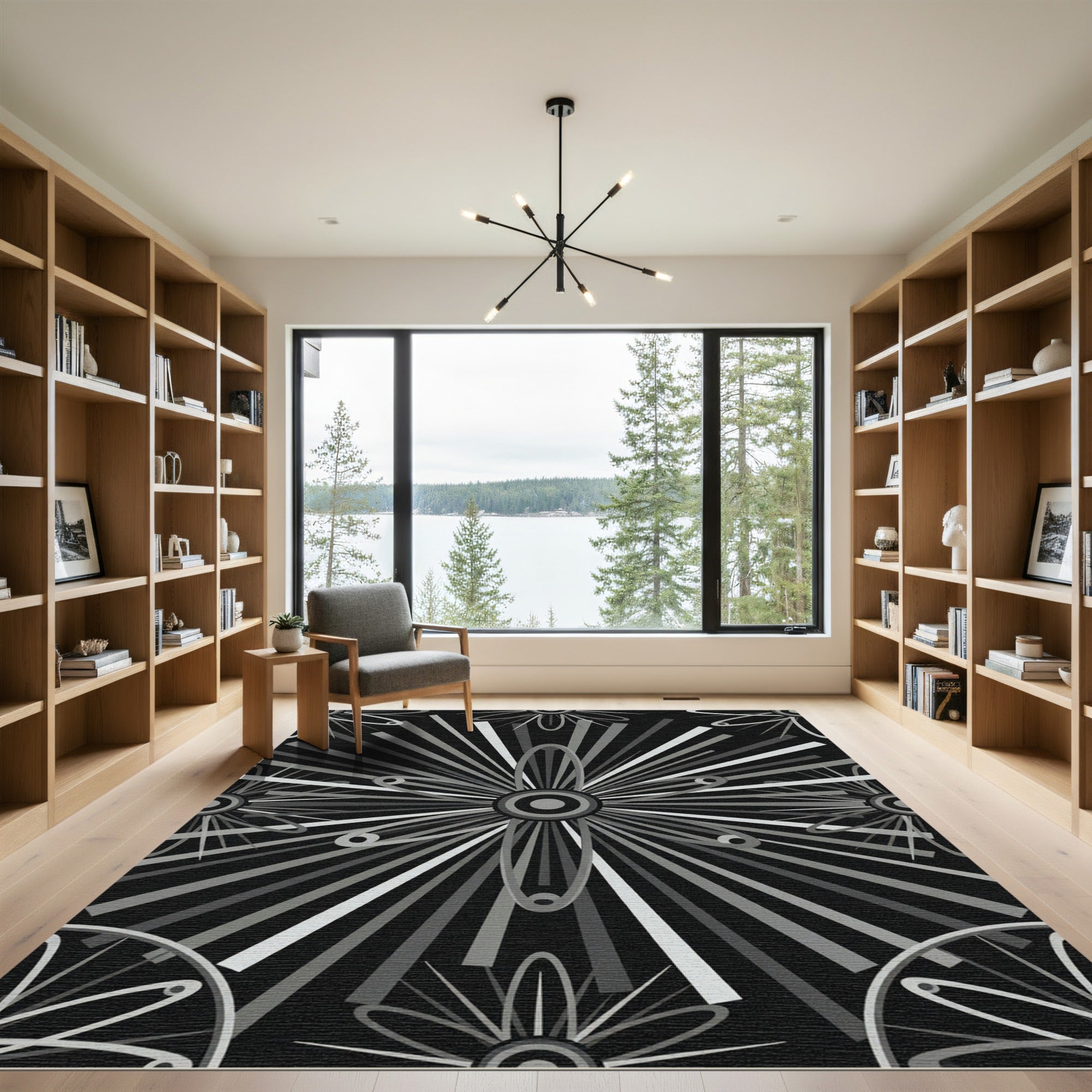 Monochromatic Sunburst Floral Art Deco Rug