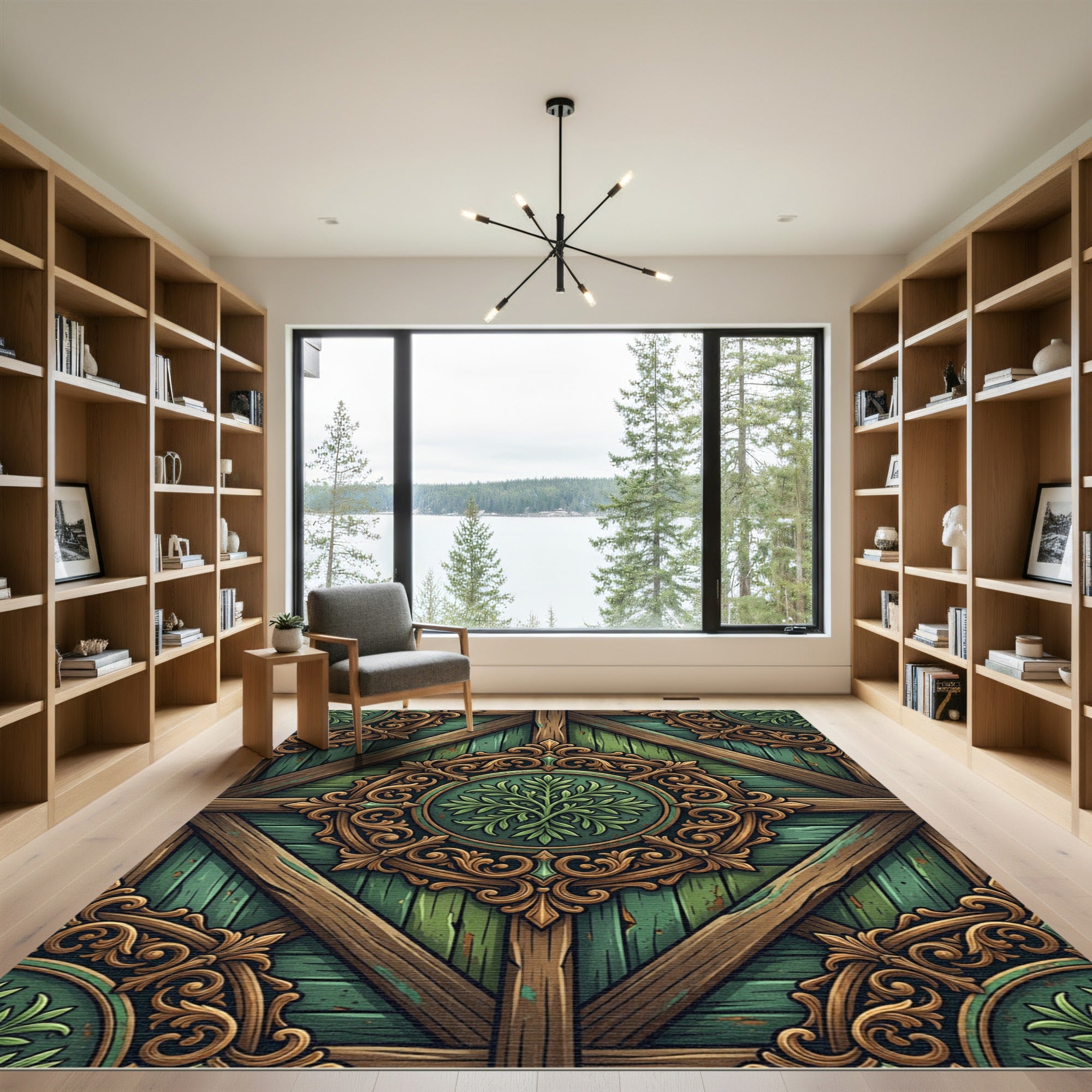 Ornate Emerald Green Wooden Filigree Medallion Rug