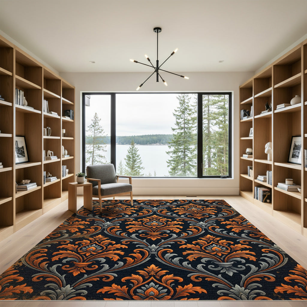 Ornate Burnt Orange Charcoal Damask Rug