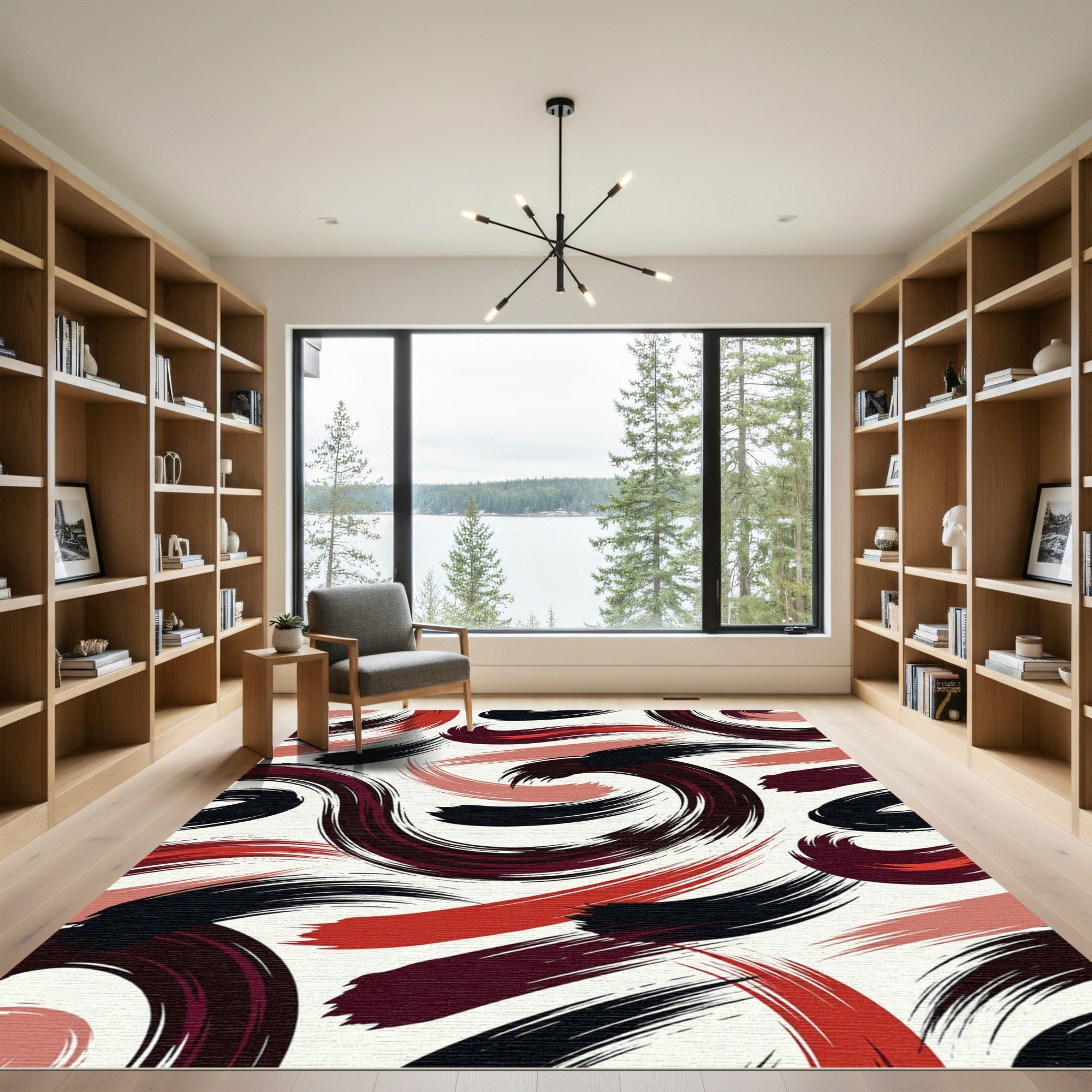 Modern Abstract Black Crimson Curved Brushstrokes Rug