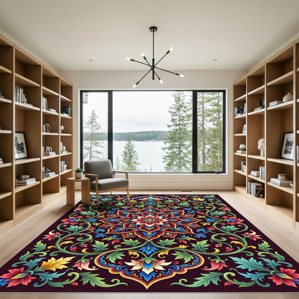 Vibrant Crimson Floral Medallion Swirl Rug
