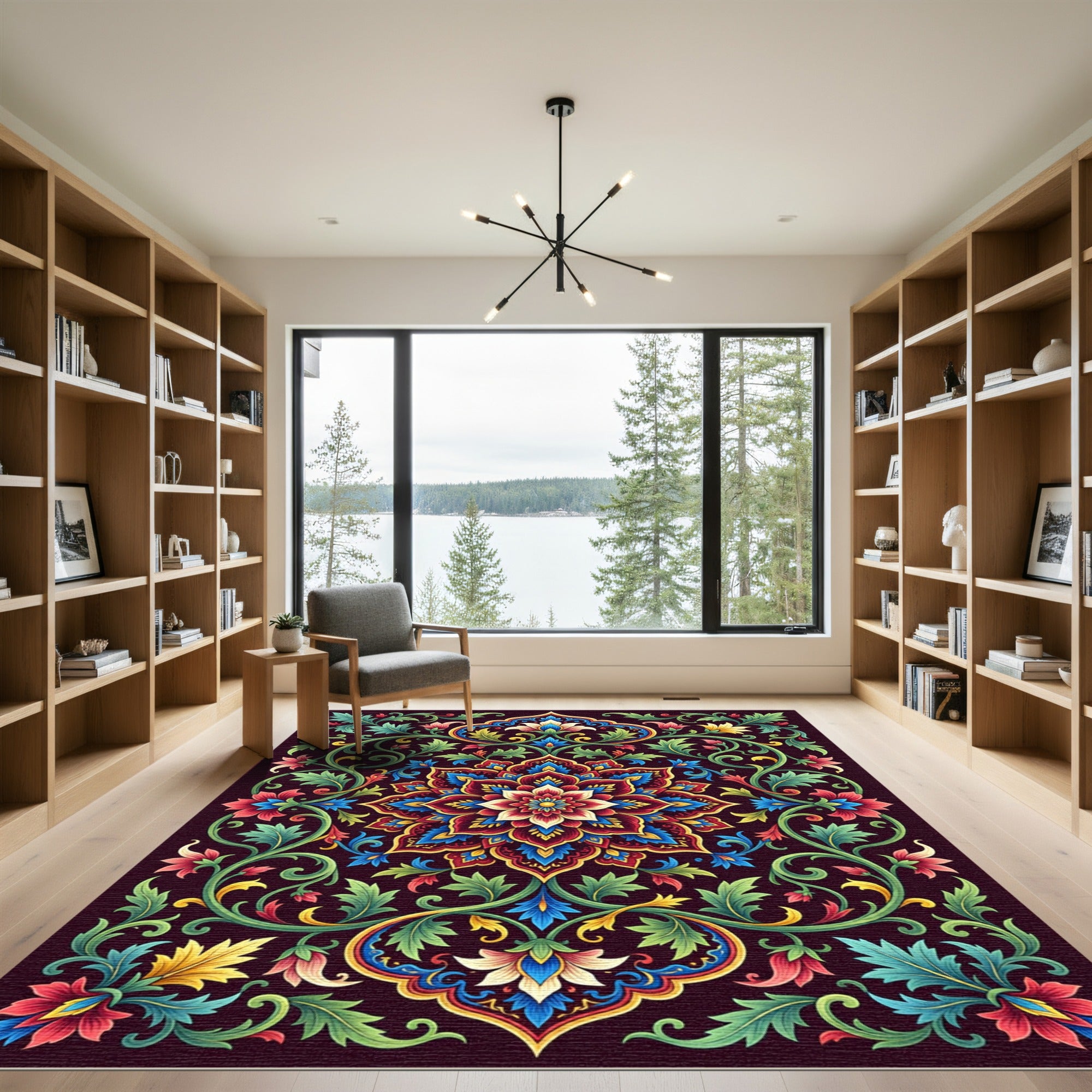Vibrant Crimson Floral Medallion Swirl Rug