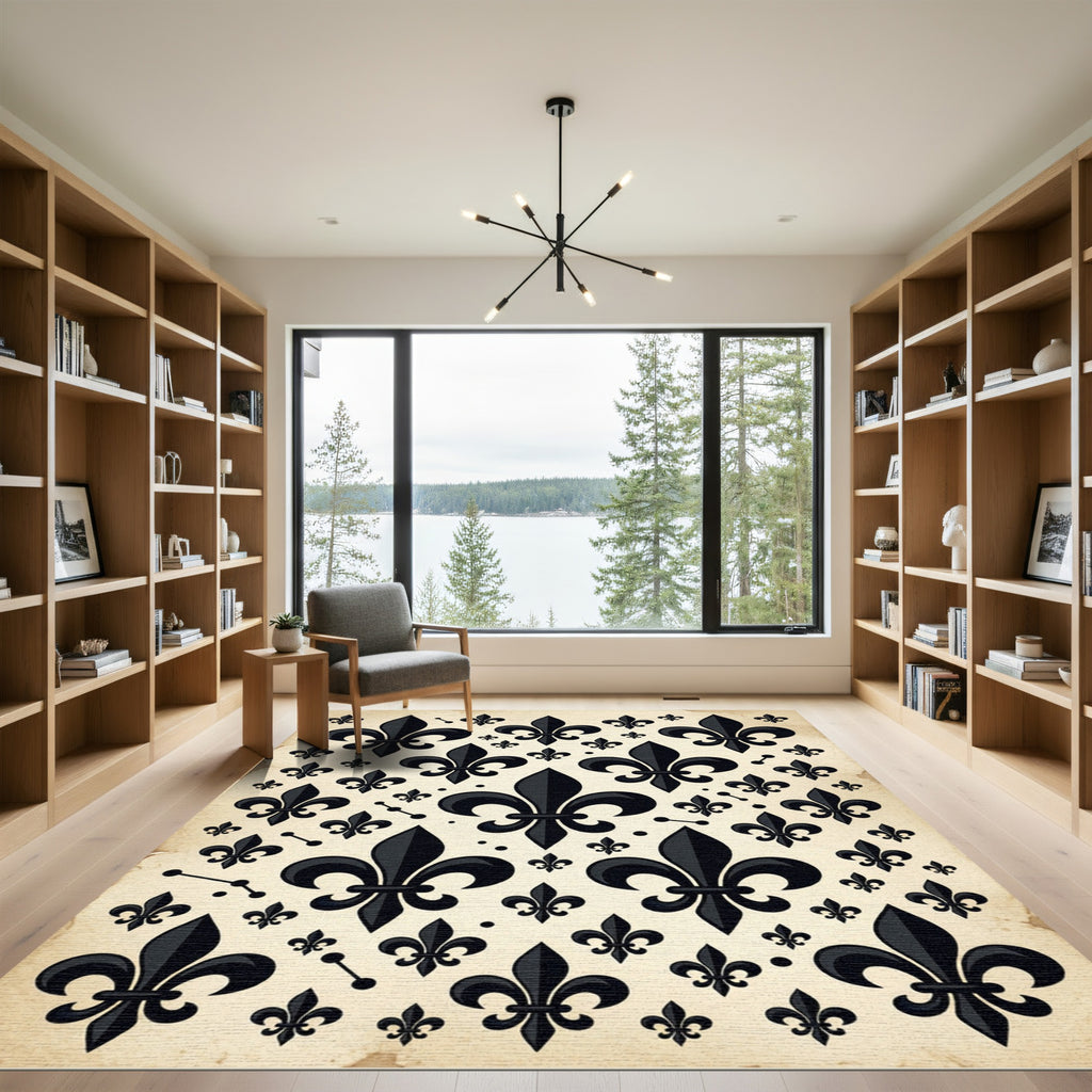 Black Fleur-de-lis Antique Cream Backdrop Rug