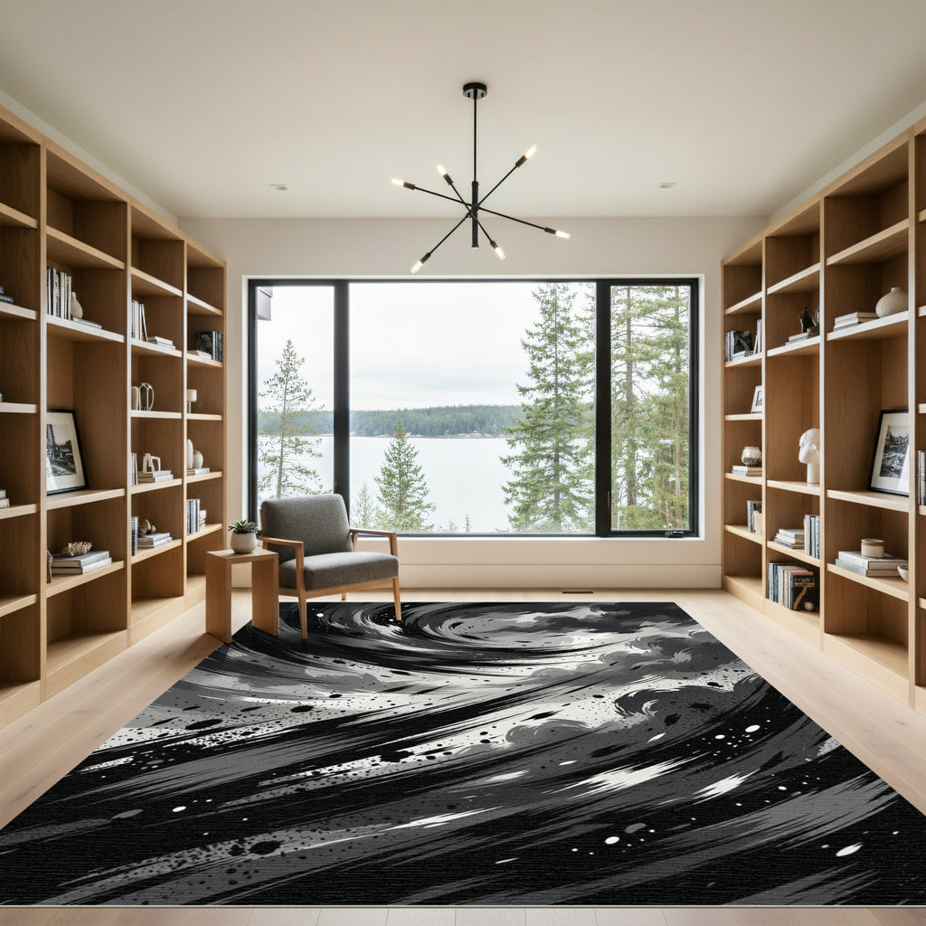 Monochromatic Ink Swirl Abstract Rug