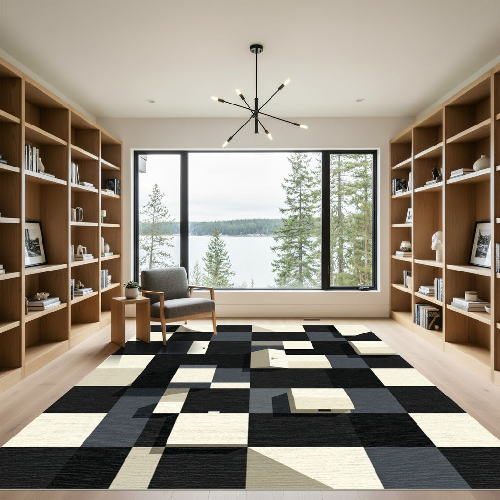 Monochromatic Checkerboard Architectural Forms Rug
