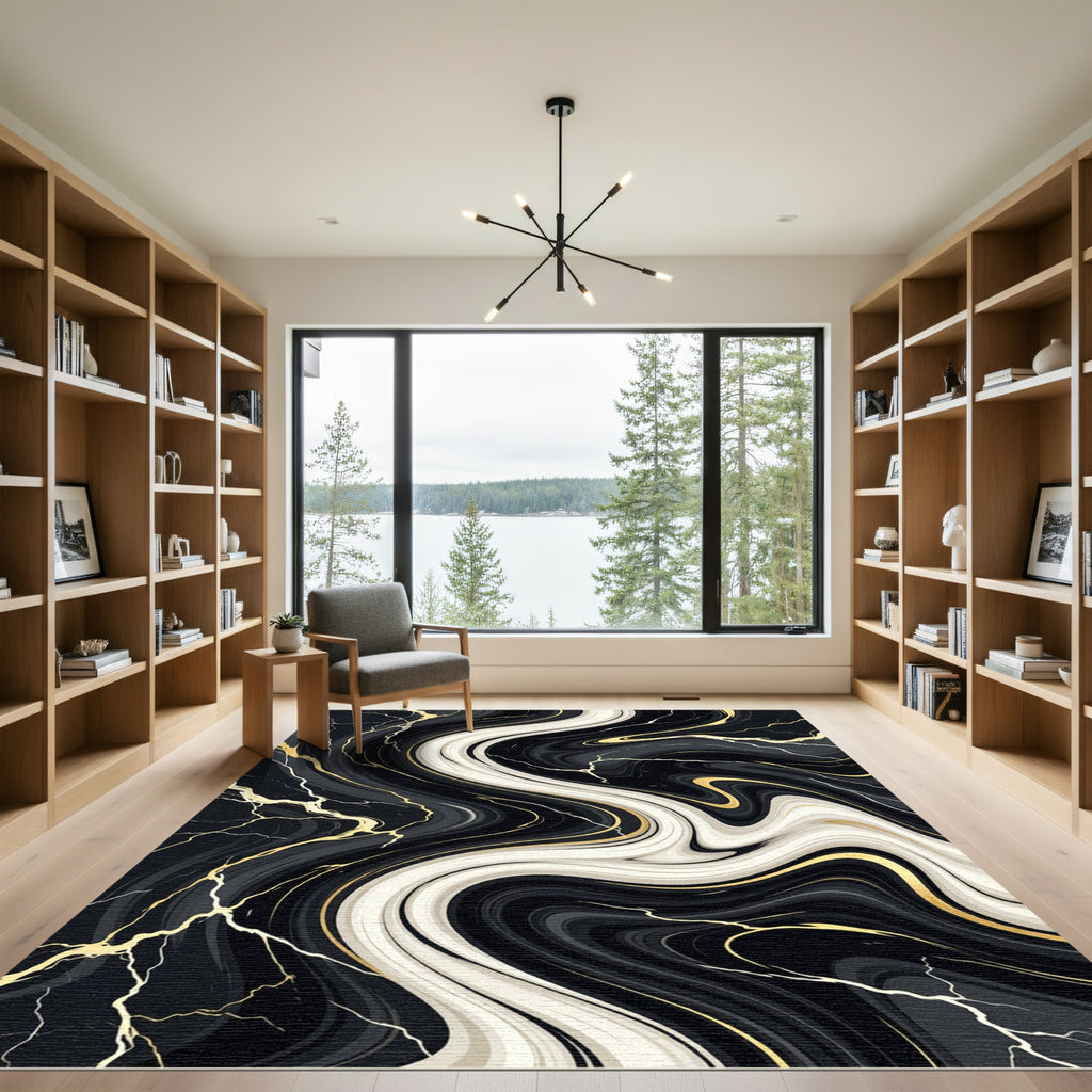 Black and White Marble Swirl Gold Overlay Rug