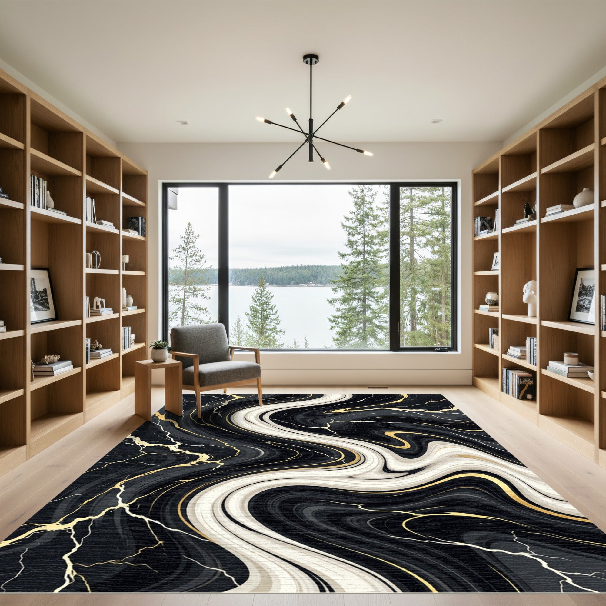 Black and White Marble Swirl Gold Overlay Rug
