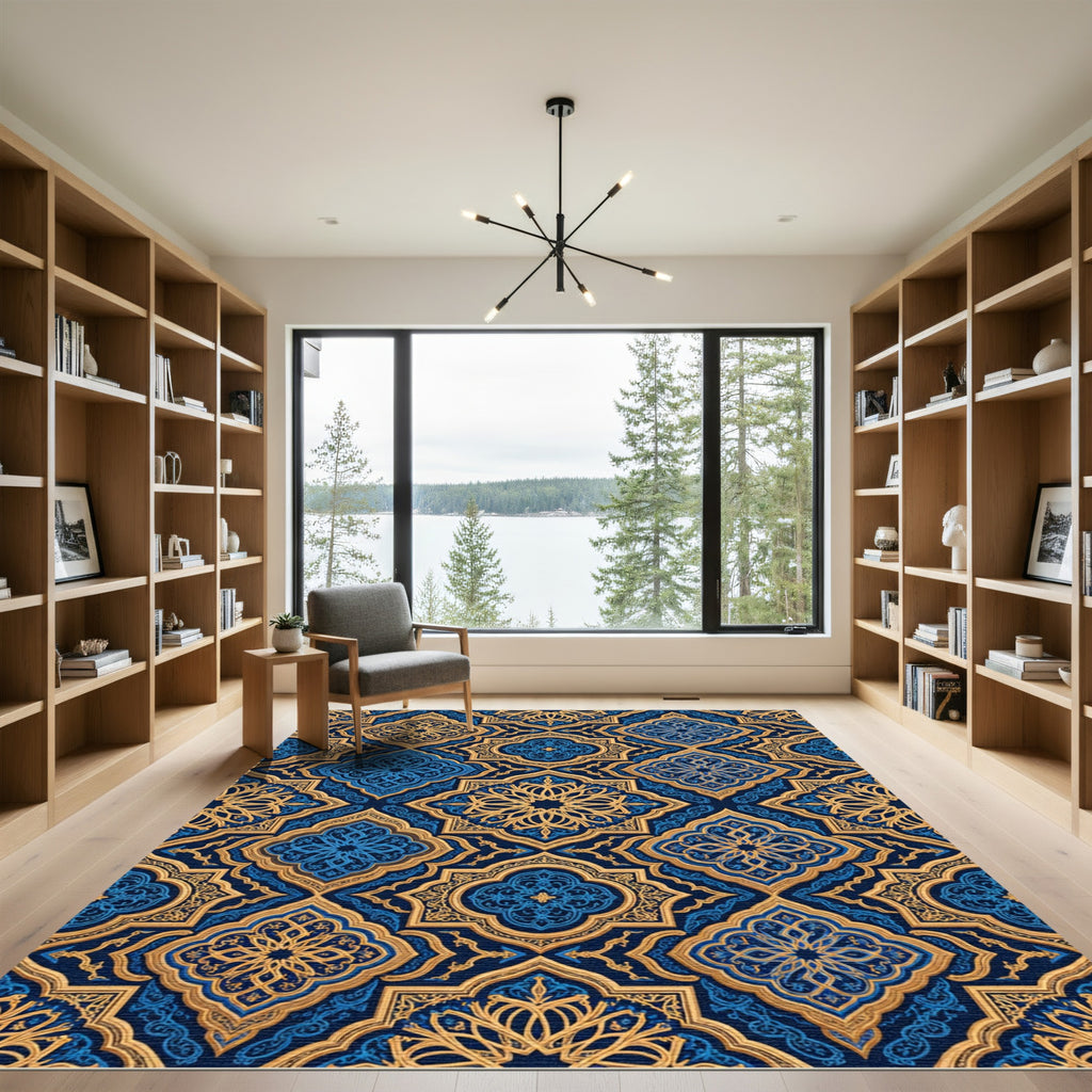Midnight Blue and Gold Damask Medallion Rug