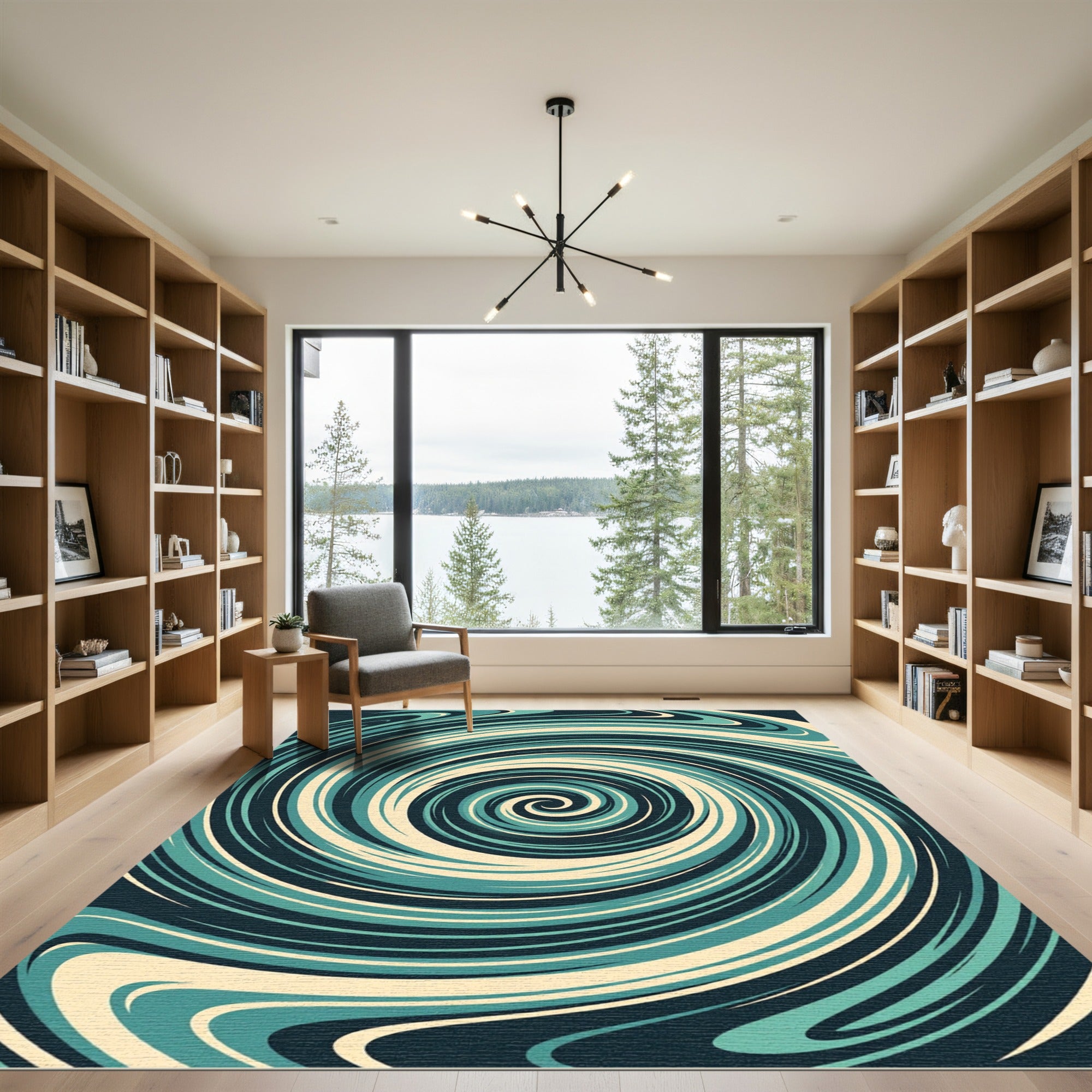 Abstract Teal and Cream Swirl Vortex Rug