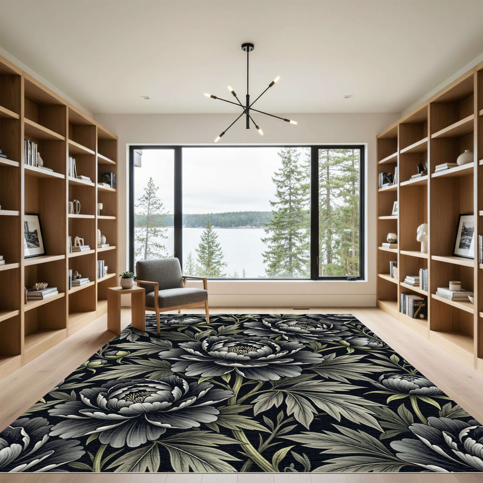 Monochromatic Botanical Peony Charcoal Floral Rug