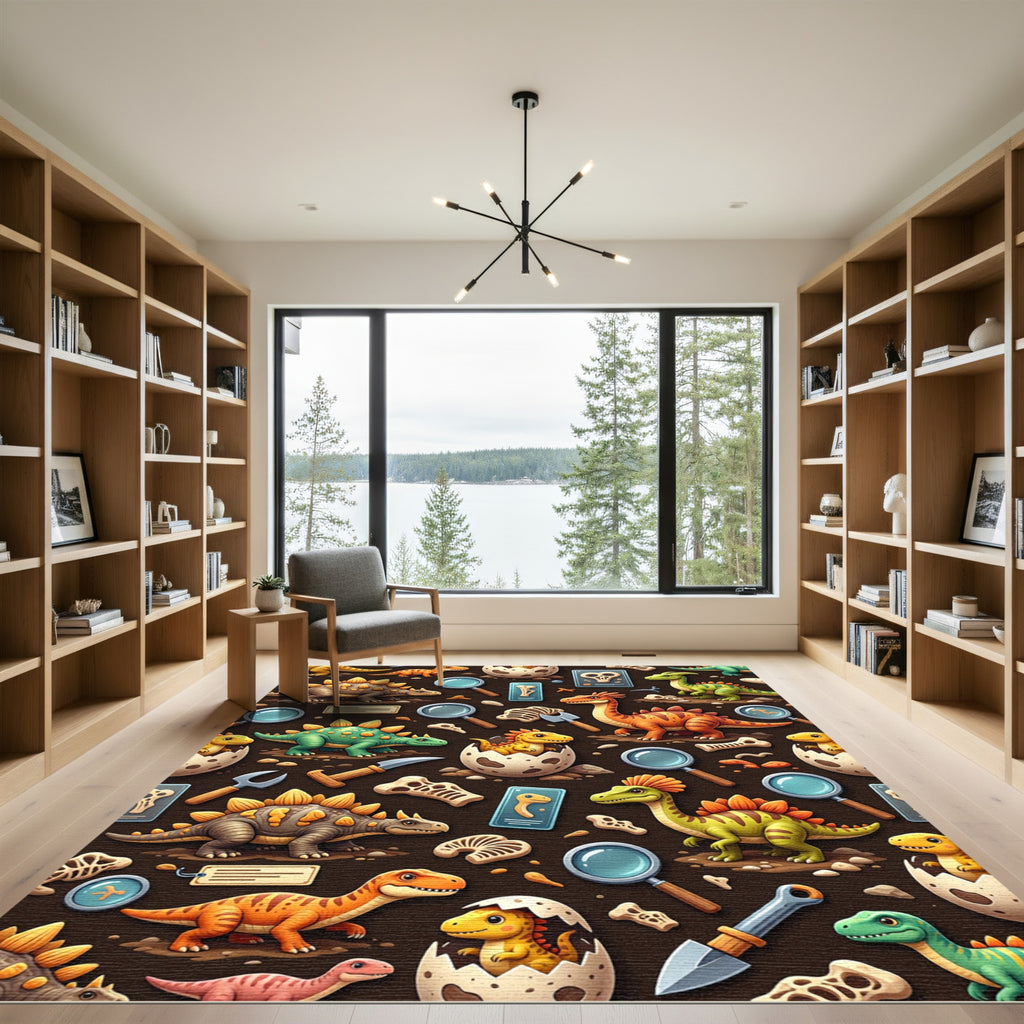 Playful Dinosaur Paleontology Illustration on Brown Rug