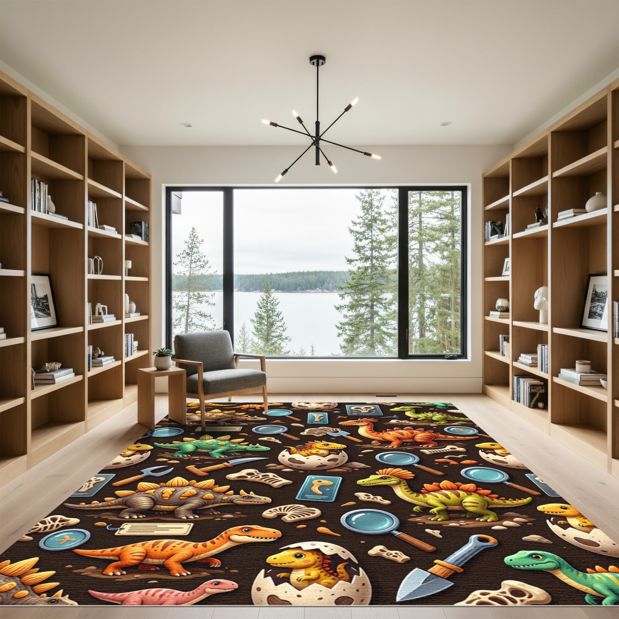 Playful Dinosaur Paleontology Illustration on Brown Rug