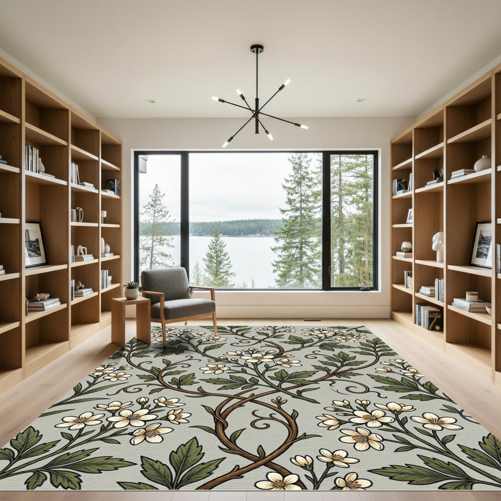 Sage Green Botanical White Blossom Vine Rug