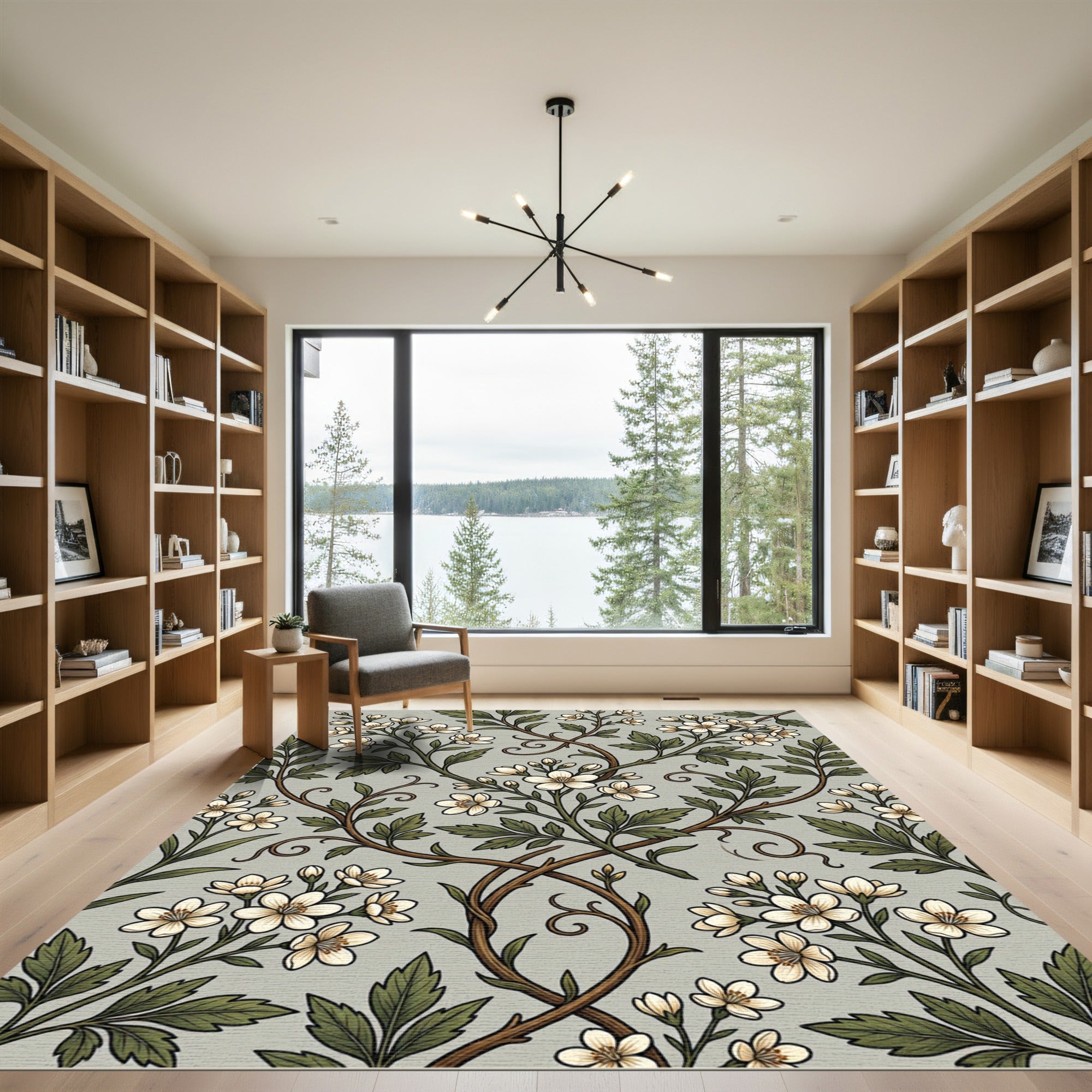 Sage Green Botanical White Blossom Vine Rug
