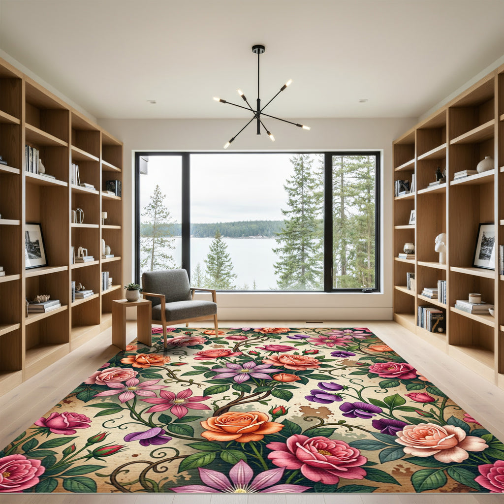 Vintage Rose and Clematis Botanical Garden Rug