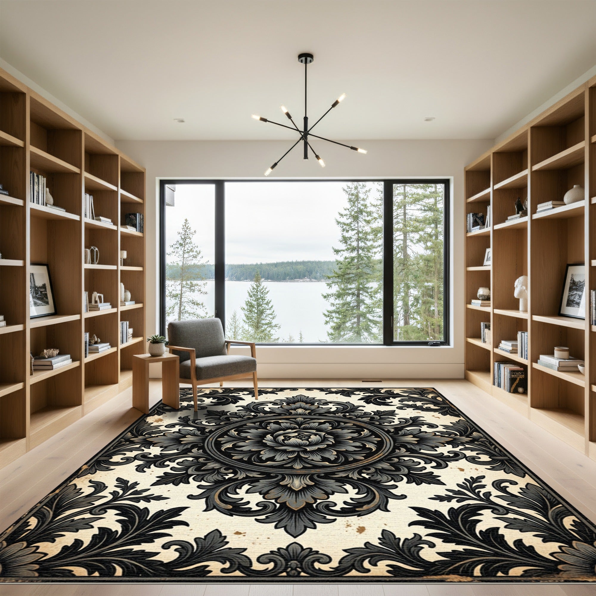 Elegant Charcoal Ornate Damask Medallion Rug