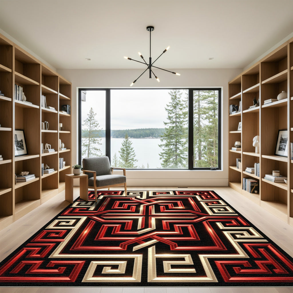 Red Gold Geometric Labyrinth Rug