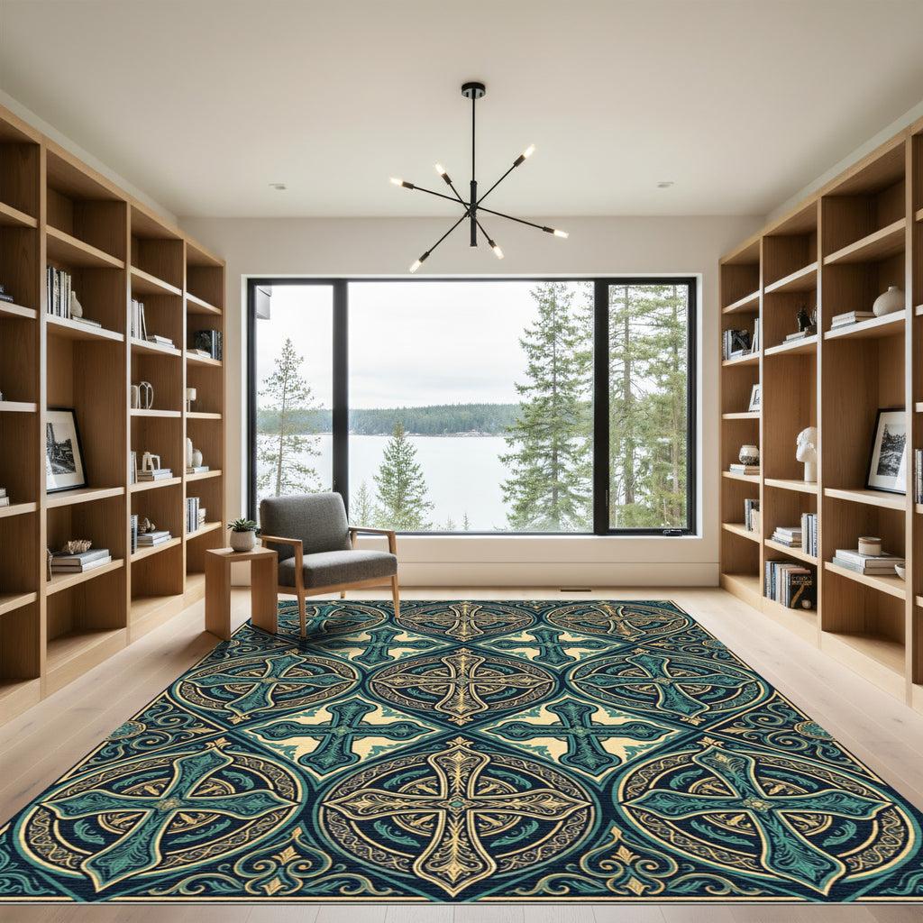 Emerald Teal Cross Medallion Pattern Rug