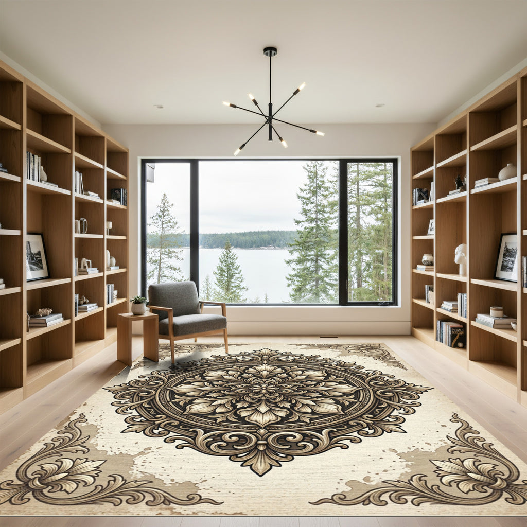 Ornate Ivory Floral Baroque Medallion Rug