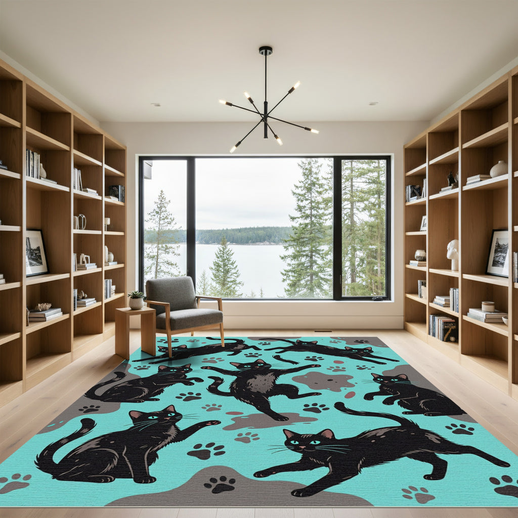 Playful Black Cats Turquoise Paw Prints Rug