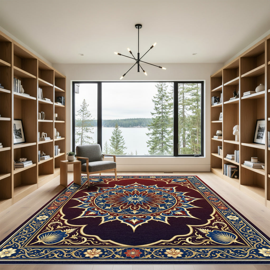Crimson Blue Golden Medallion Ornament Rug