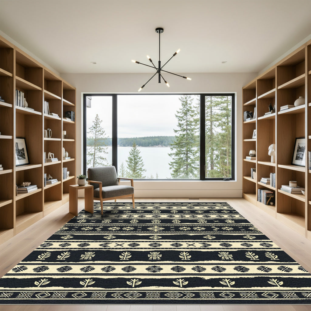 Tribal Cream Black Figures Stripes Rug