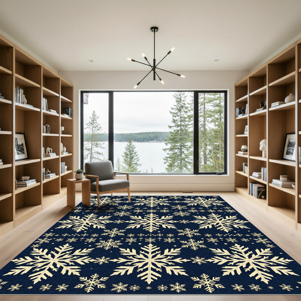 Navy Blue Falling Snowflake Winter Decor Rug