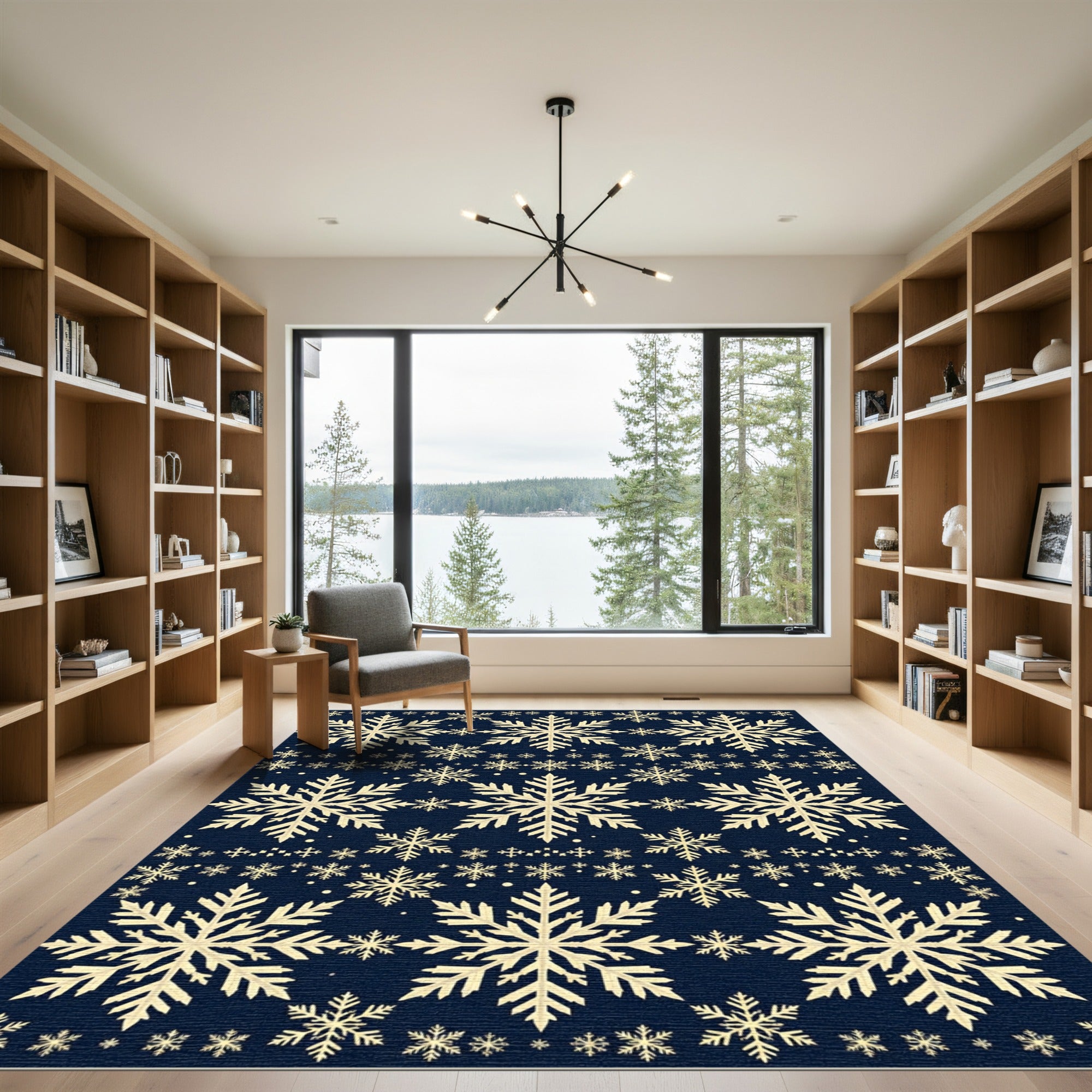 Navy Blue Falling Snowflake Winter Decor Rug