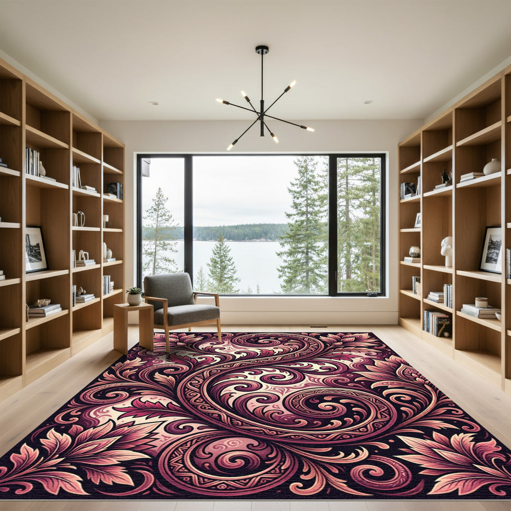Intricate Burgundy Floral Swirl Scroll Rug
