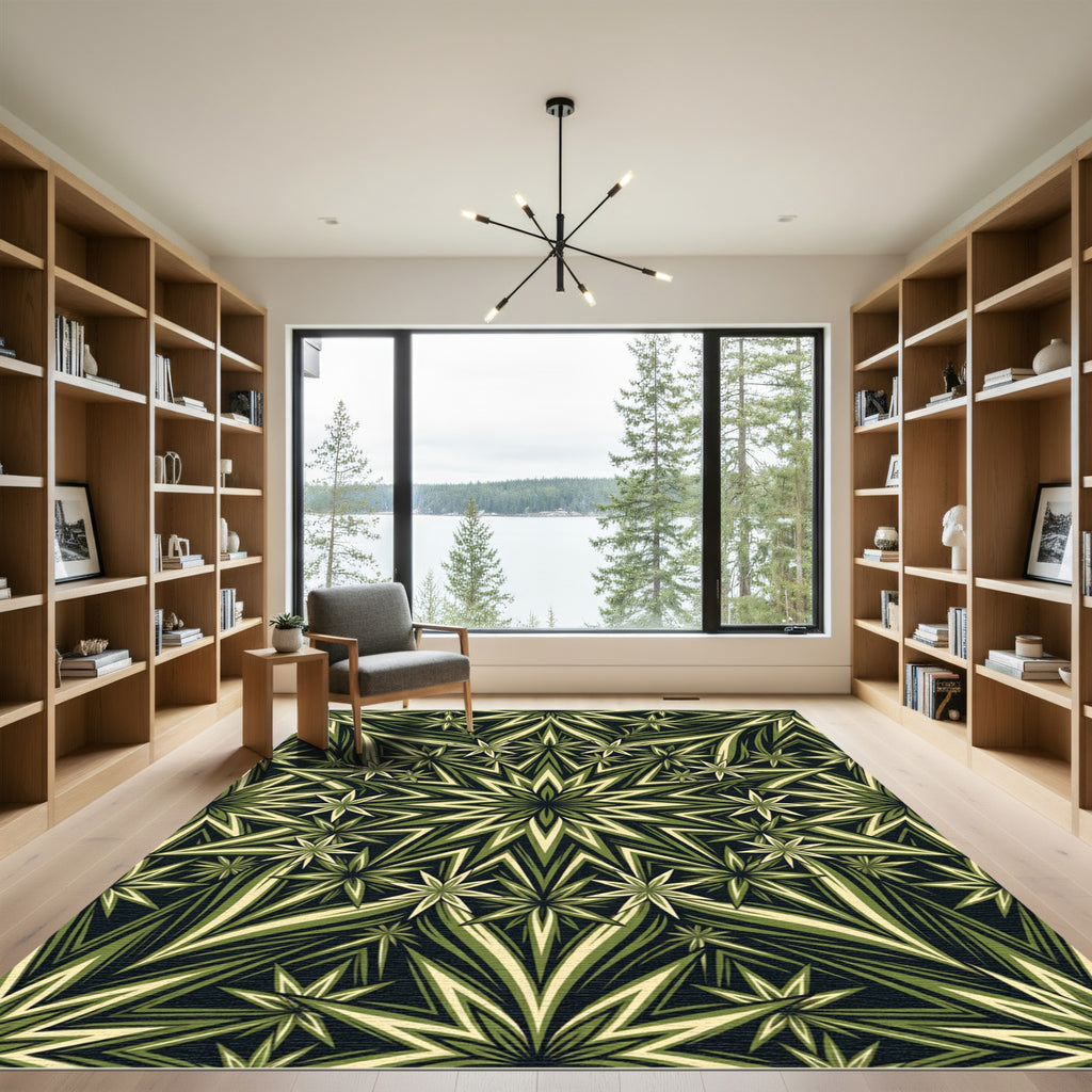 Olive Green Starburst Geometric Mandala Rug