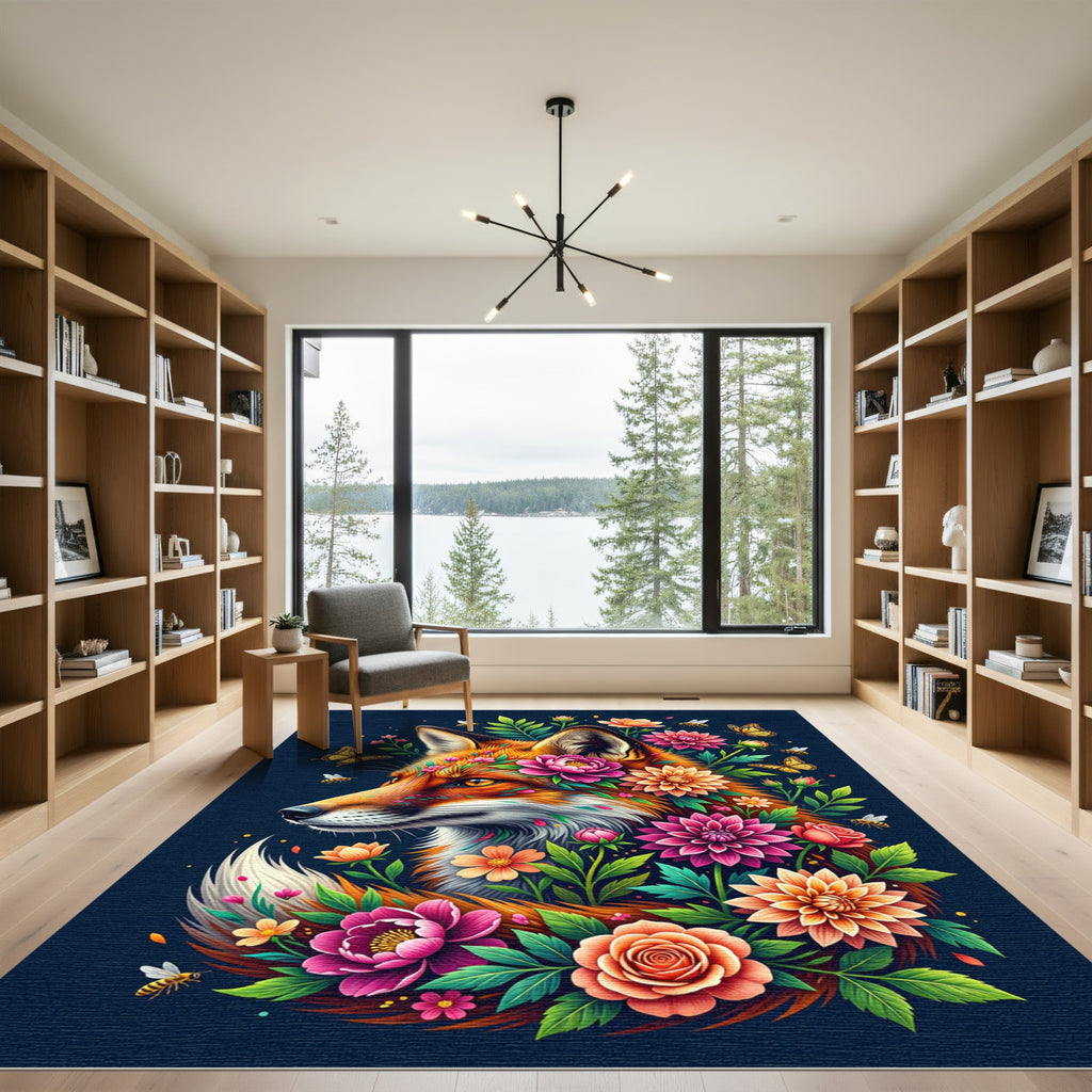 Vibrant Fox Floral Botanical Illustration Rug