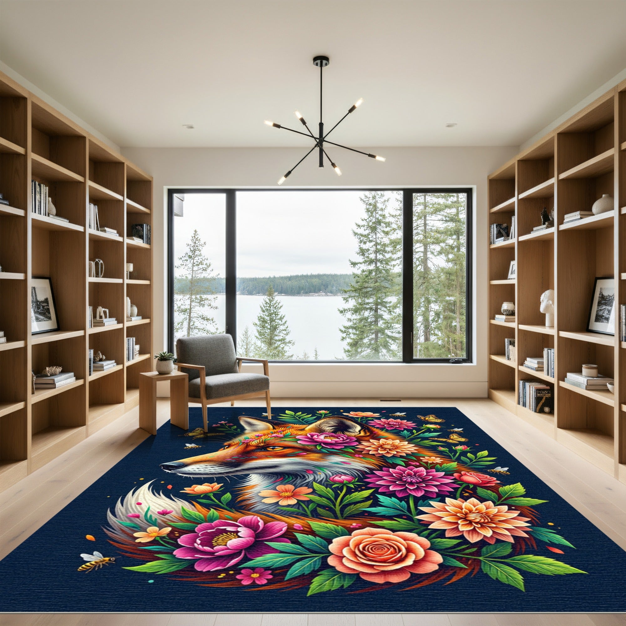 Vibrant Fox Floral Botanical Illustration Rug