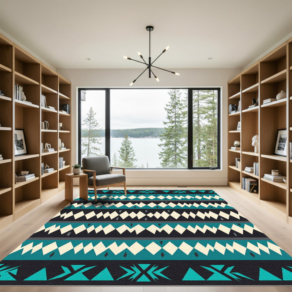 Teal and Cream Geometric Diamond Stripe Rug
