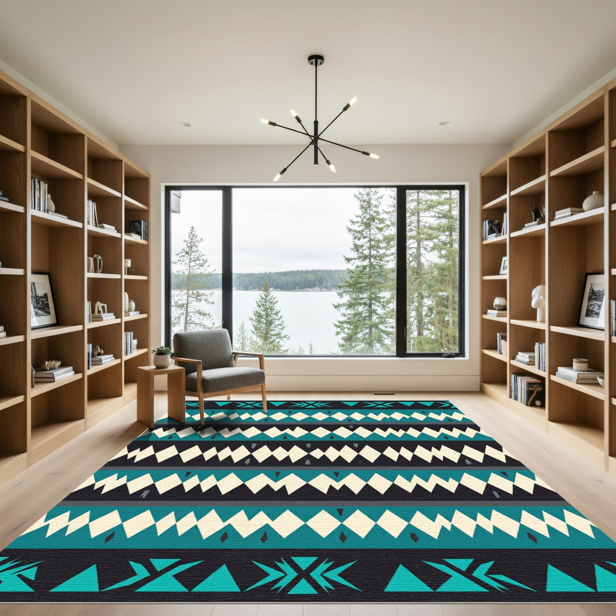 Teal and Cream Geometric Diamond Stripe Rug