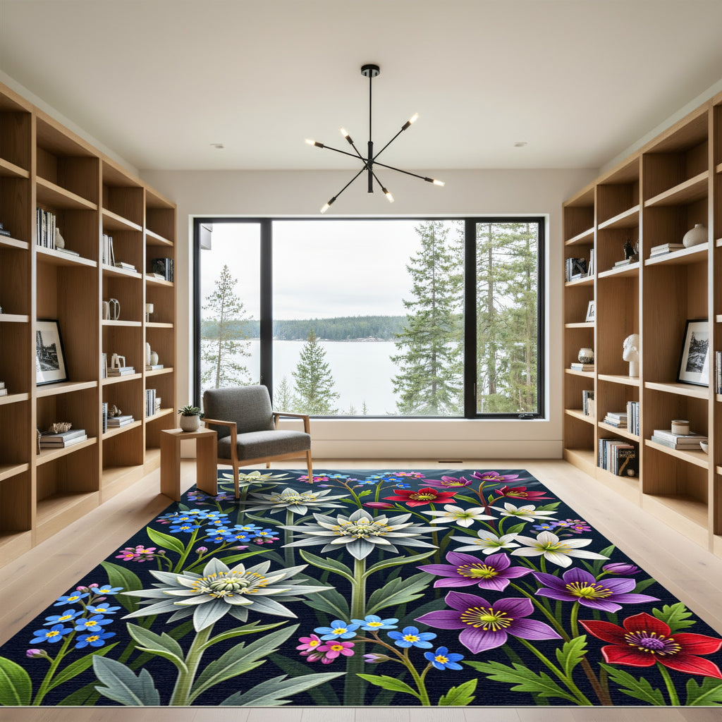 Vibrant Alpine Edelweiss and Wildflower Meadow Rug