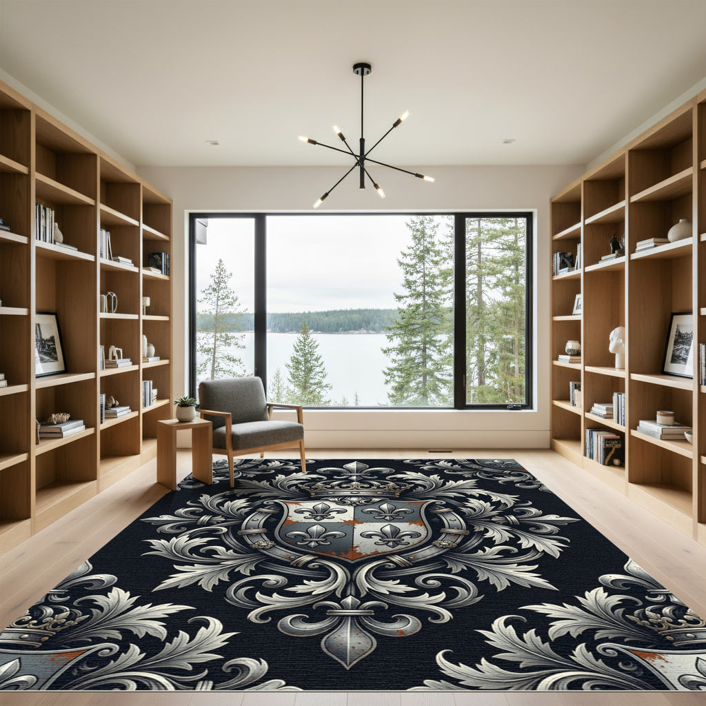 Royal Silver Fleur de Lis Heraldic Scroll Rug