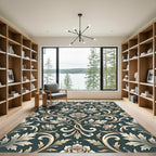 Elegant Cream Floral Damask Dark Teal Rug