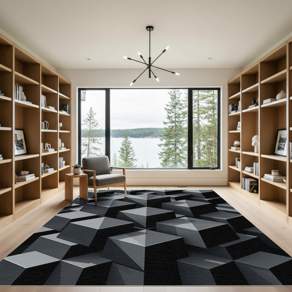 Monochromatic Dark Geometric Cube Pattern Rug