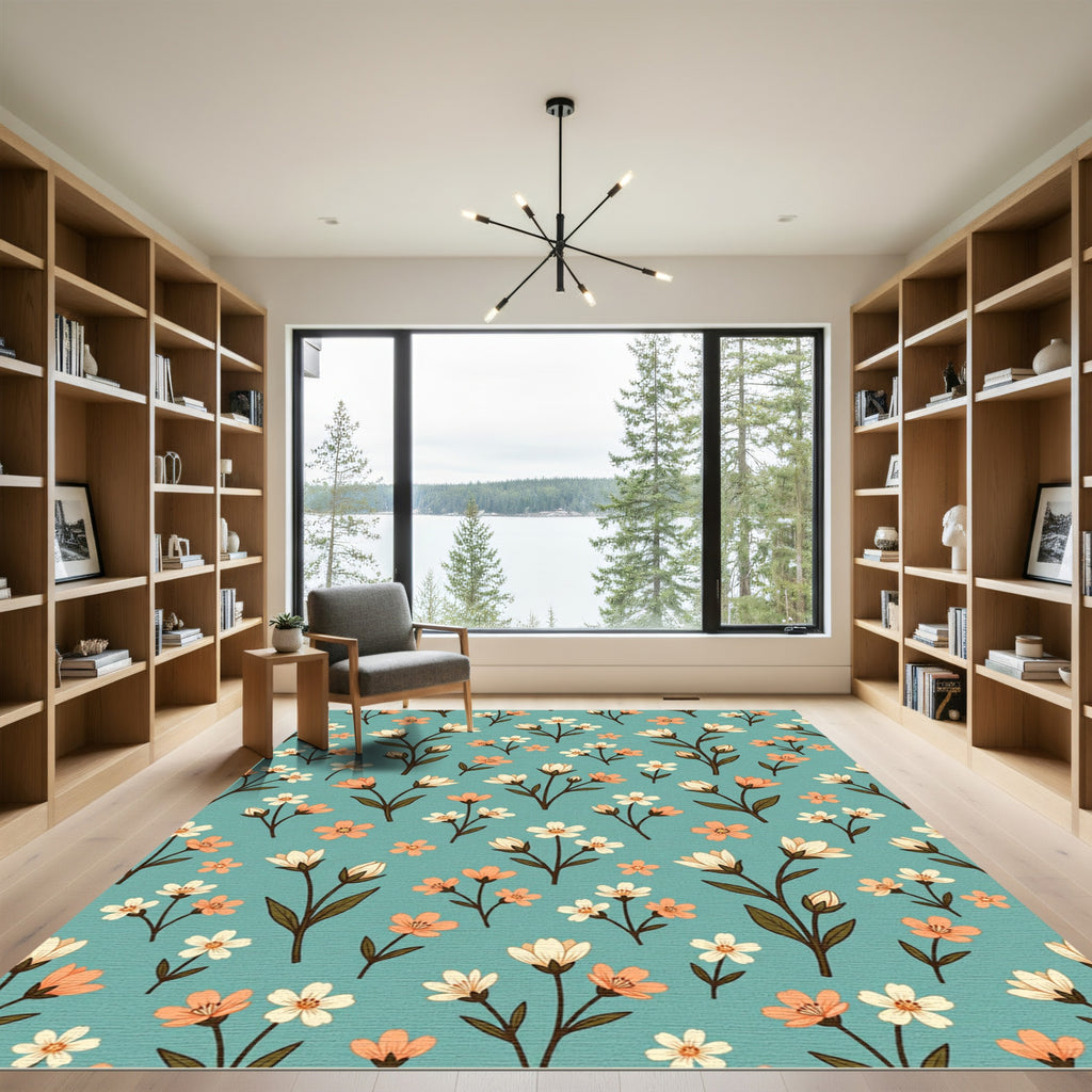 Soft Teal Meadow Floral Bouquet Rug