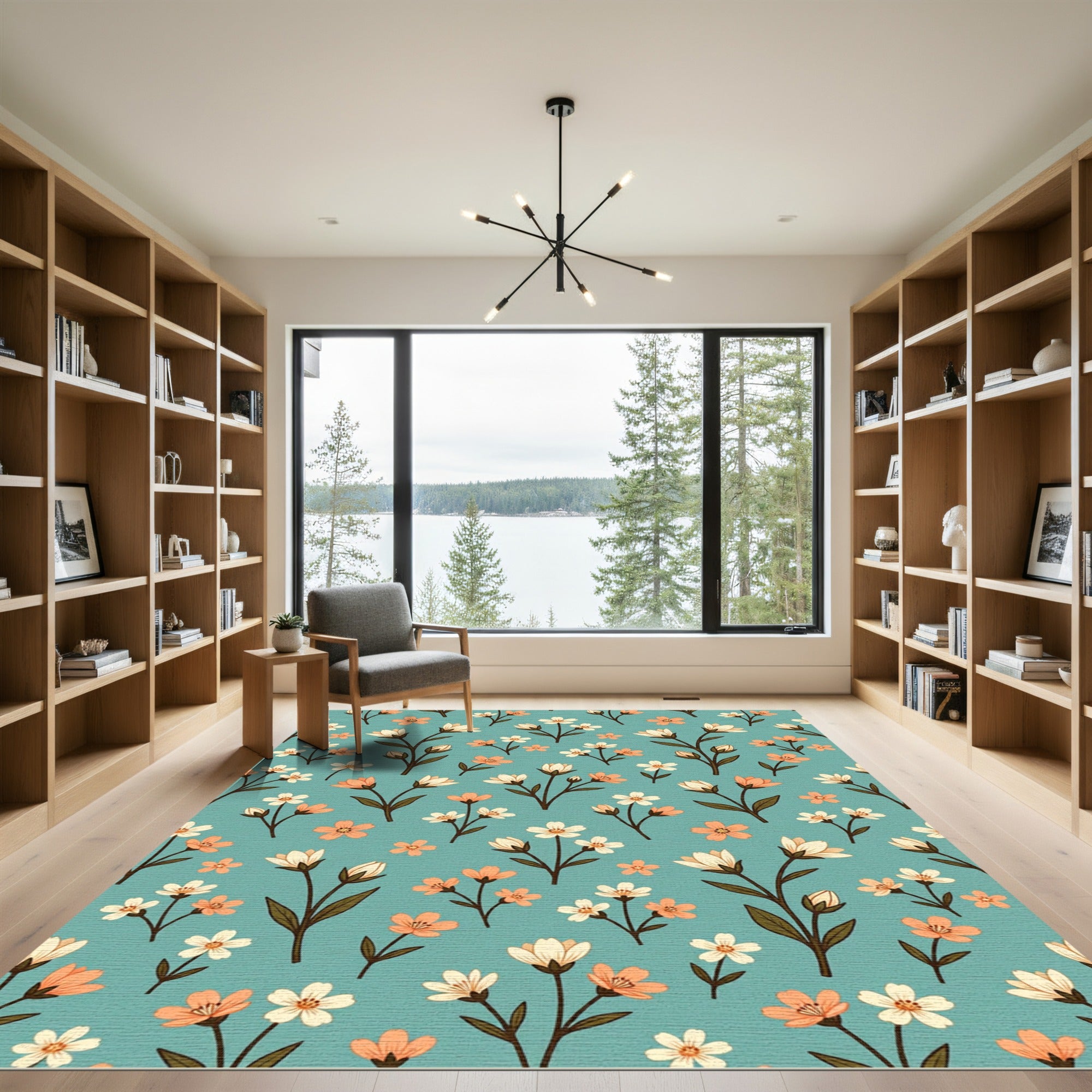 Soft Teal Meadow Floral Bouquet Rug