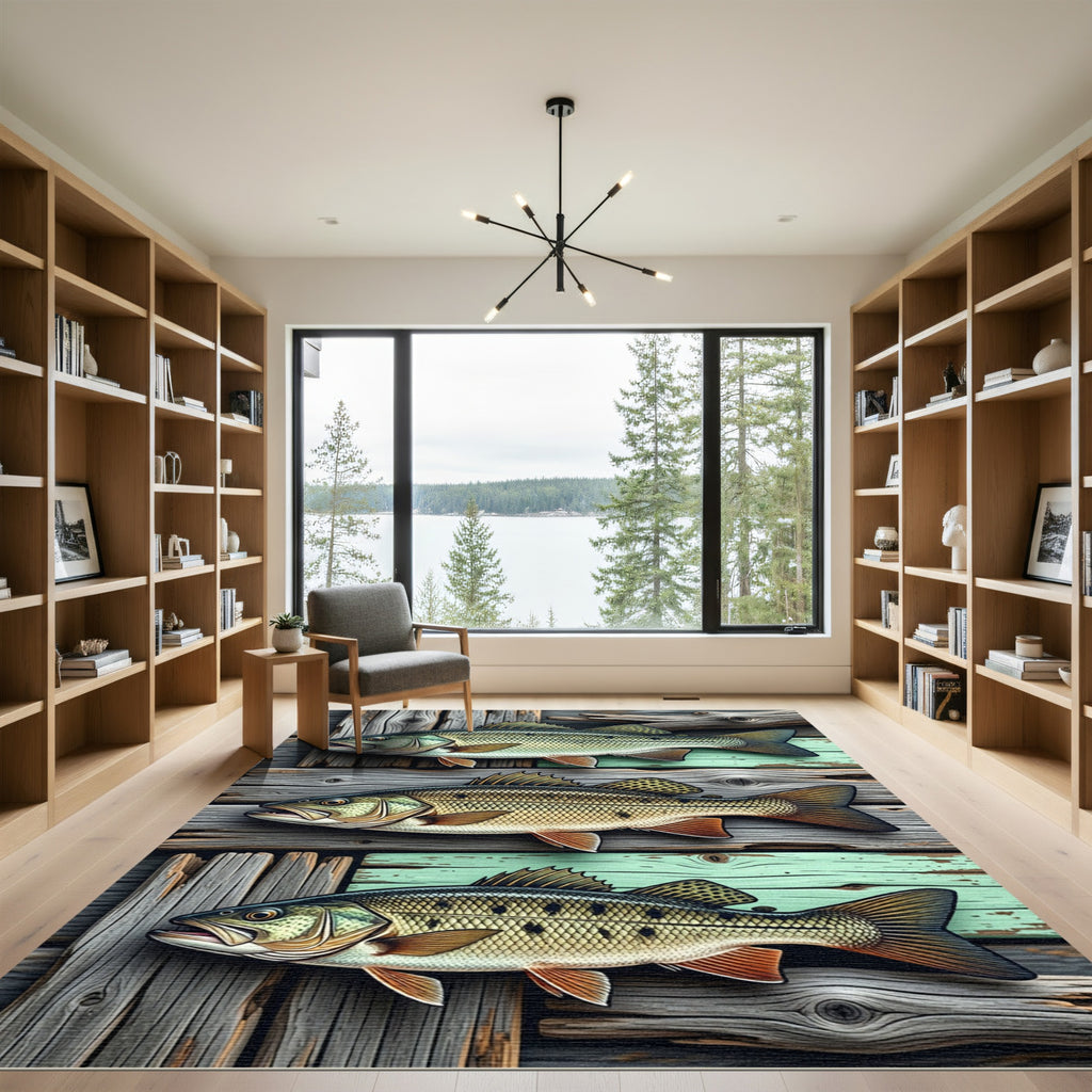 Rustic Three Fish Wood Plank Art Rug