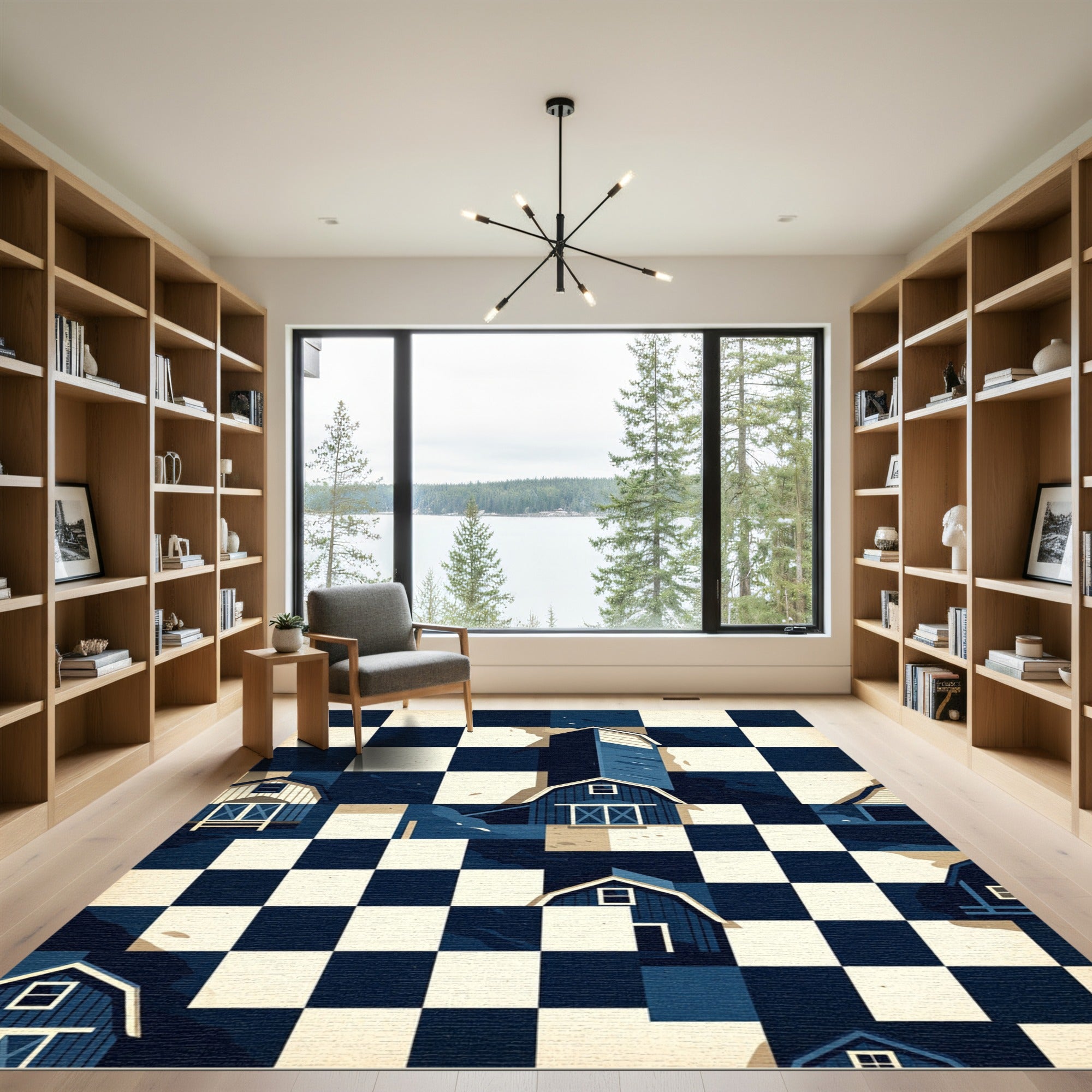 Navy Blue Checkerboard Barn House Landscape Rug