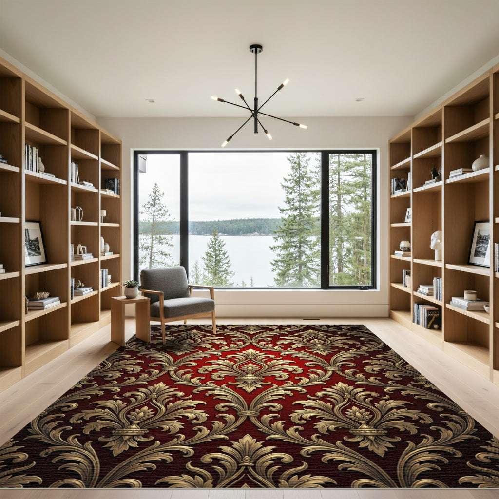 Ornate Red Gold Damask Scroll Rug