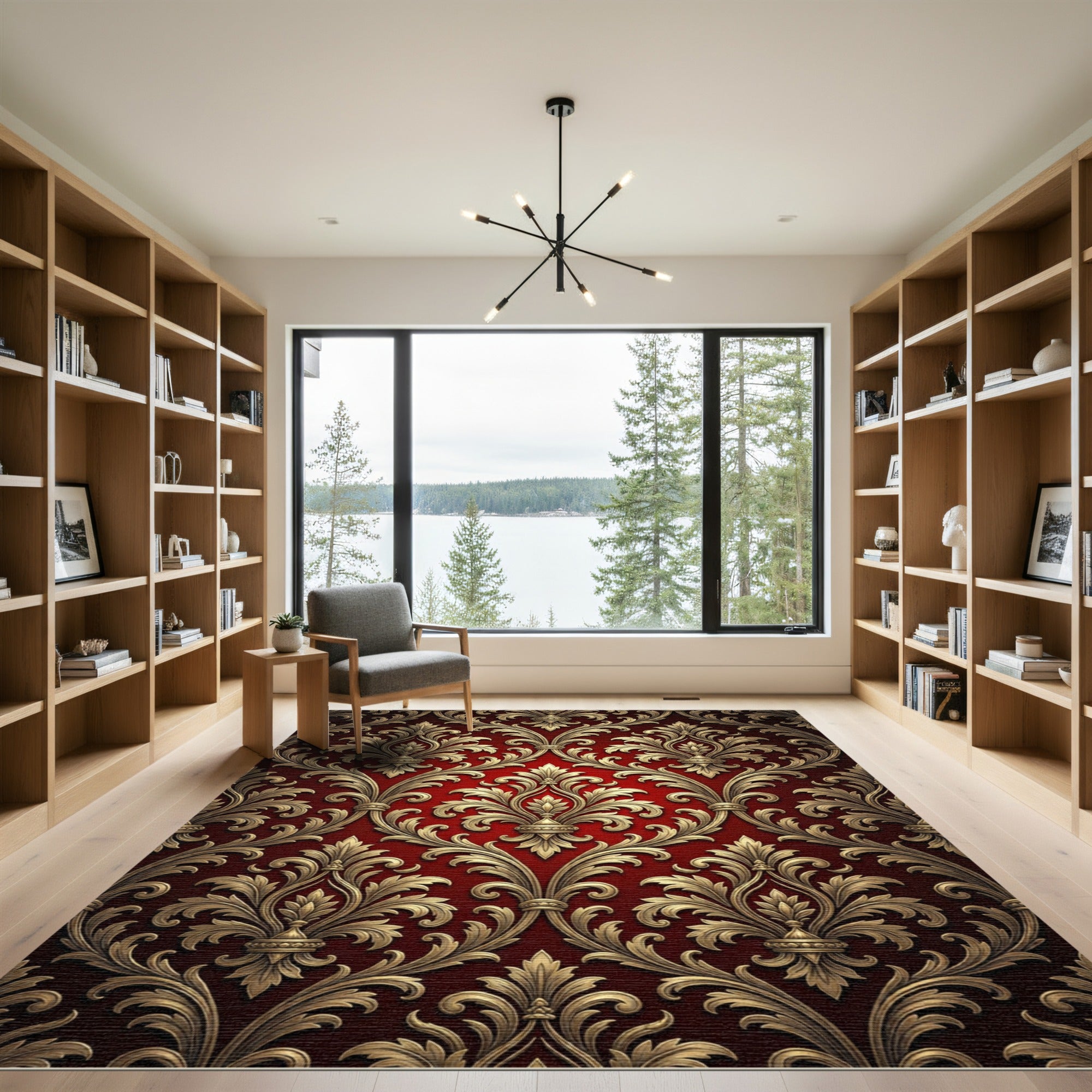 Ornate Red Gold Damask Scroll Rug