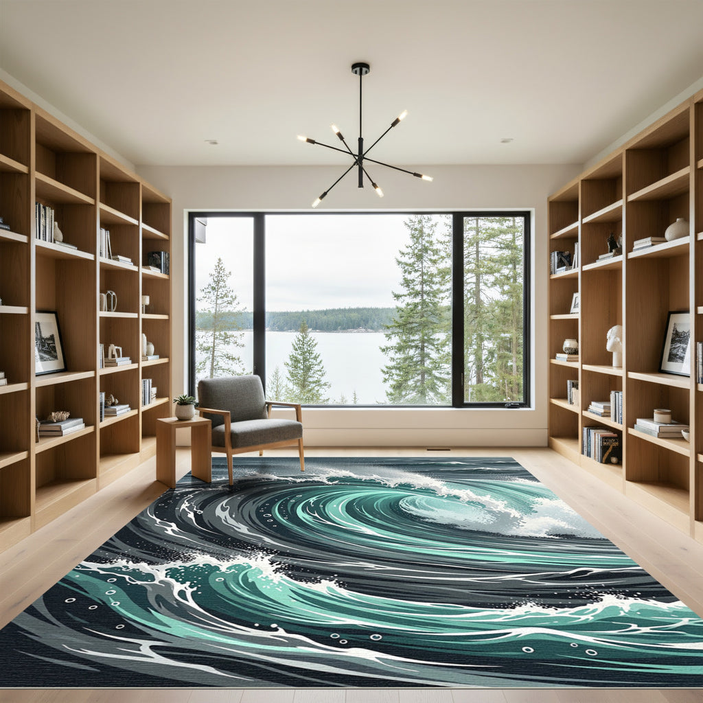 Ethereal Deep Teal Rolling Ocean Wave Rug