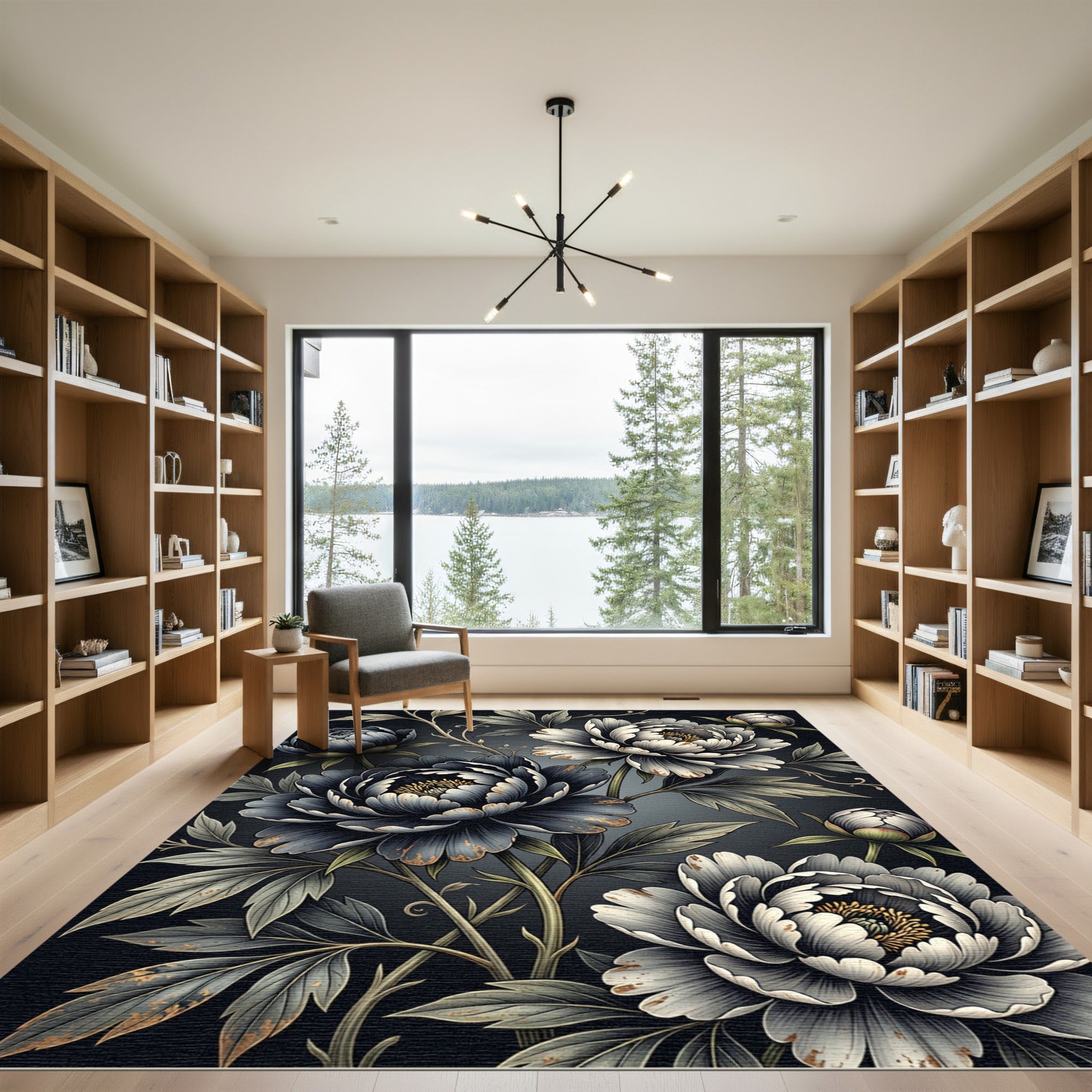 Dark Floral Peony Botanical Arrangement Rug